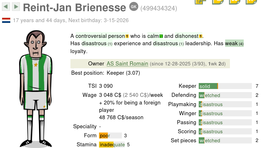 Screenshot of a current goalkeeper